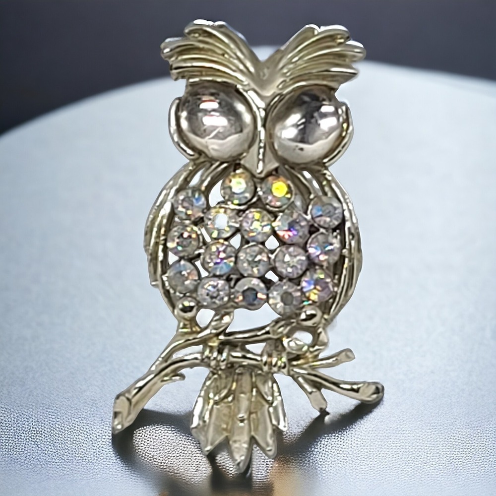 Aurora Borealis Rhinestone Brooch Owl Figural Jelly Cabochon Eyes